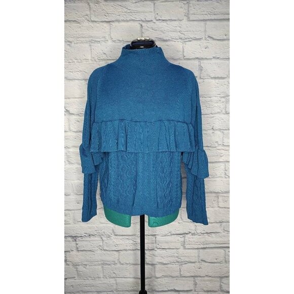 Project Naadam Women's Sweater Blue Long Sleeve Mock Neck Cable Knit Ruffle L - Picture 1 of 6
